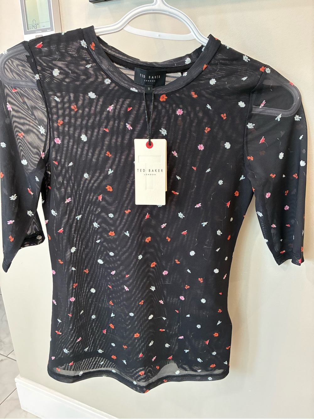 Ted Baker Black Floral Mesh Short Sleeve Tee with Pink & Red Accents